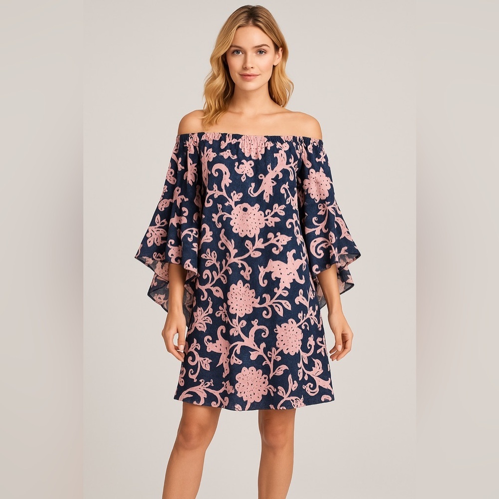 Off-Shoulder Navy and Pink Floral Midi Dress
